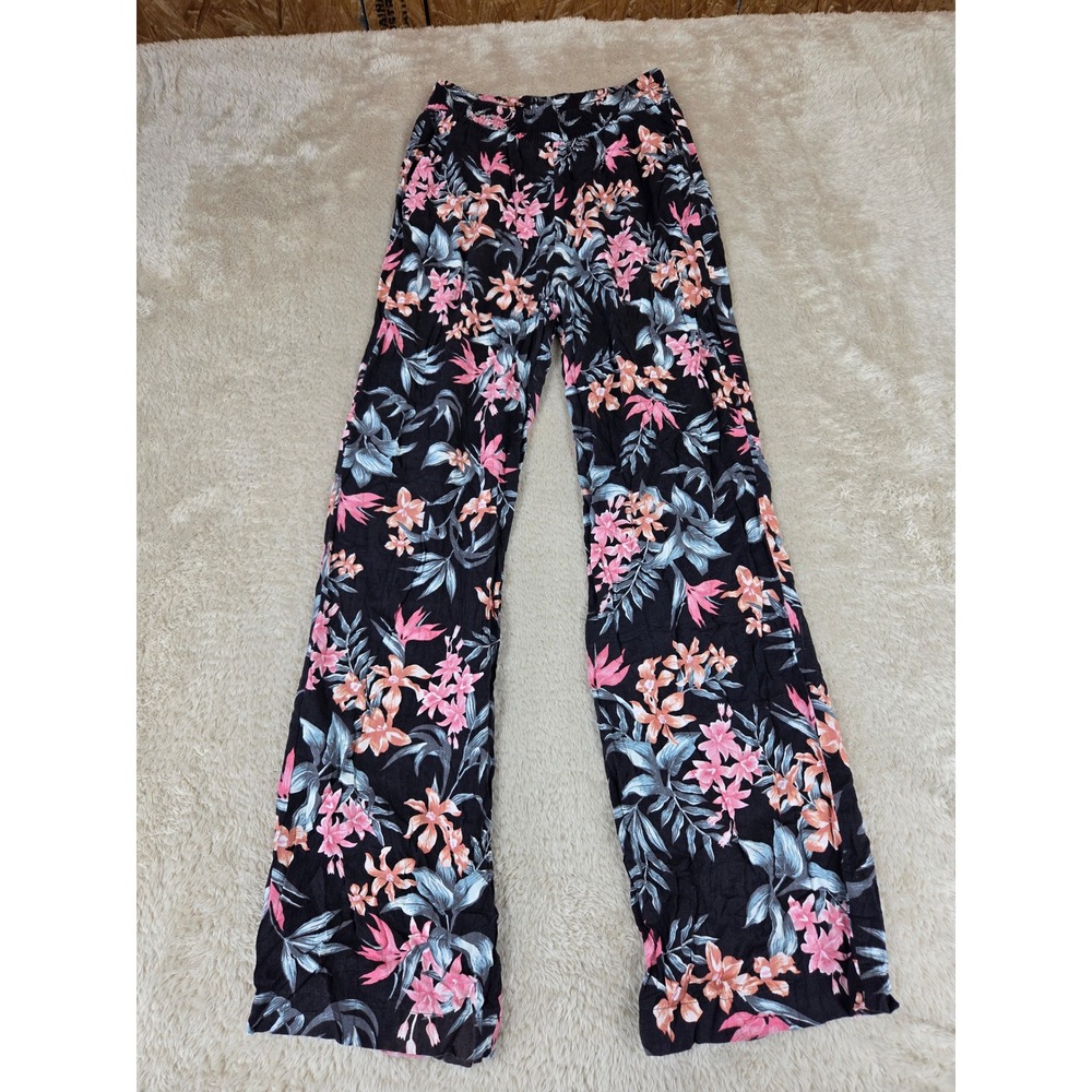 H&M Divided Tropical Floral Wide Leg Pants Black Pink Orange Size 2 Summer Boho
